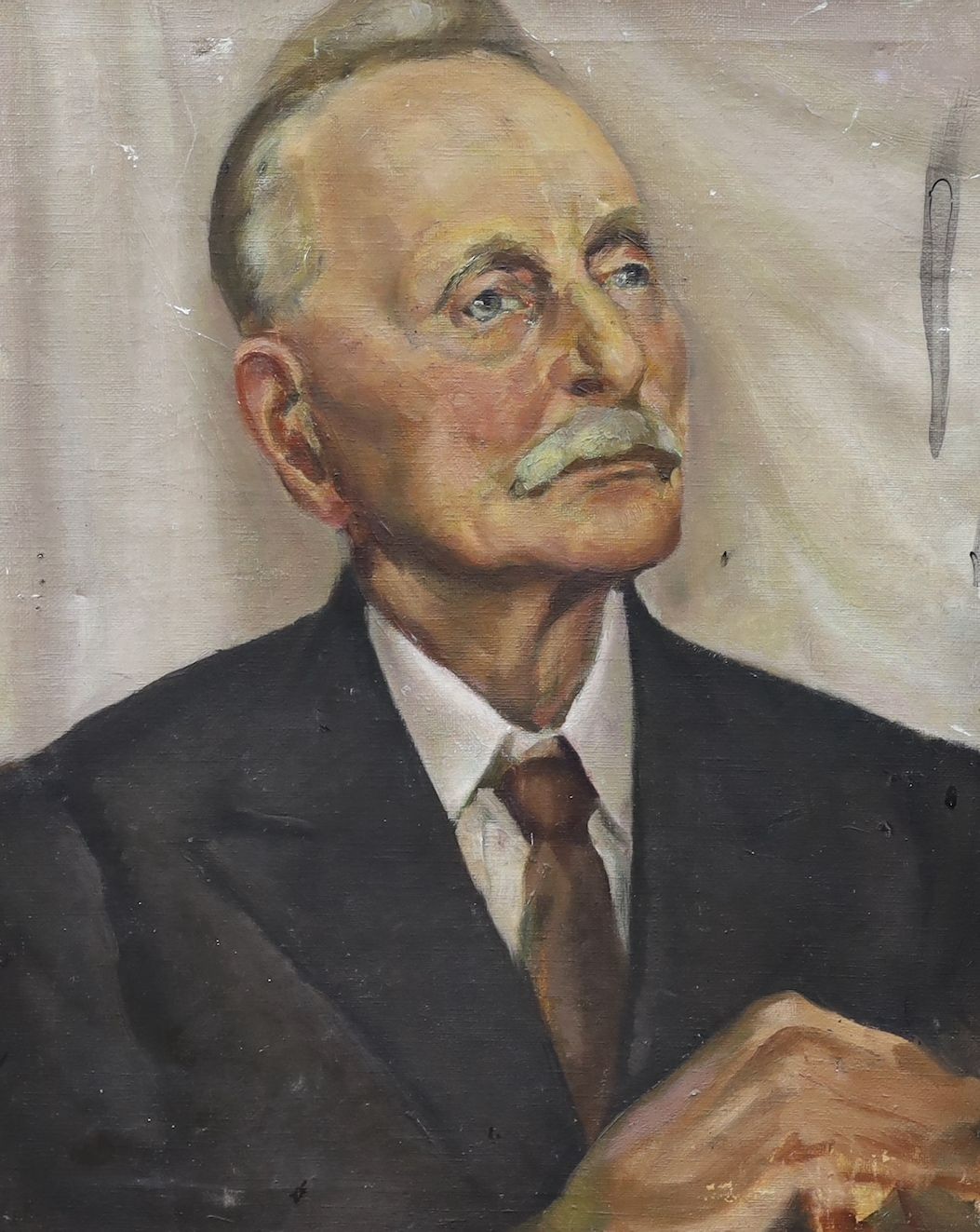 English School c.1950, oil on canvas, Portrait of Enoch Powell, 50 x 40cm